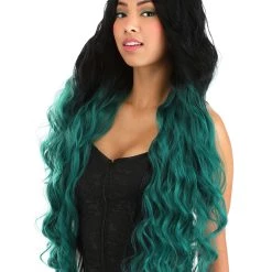 Partytime Wig Black And Green Ombre Long Wavy Wig Accessory 5 Partytime Wig Black And Green Ombre Long Wavy Wig Accessory -Cheap Halloween Store black and green ombre long wavy wig alt 2