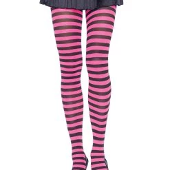 Leg Avenue Nylon Tights- Black And Pink Striped