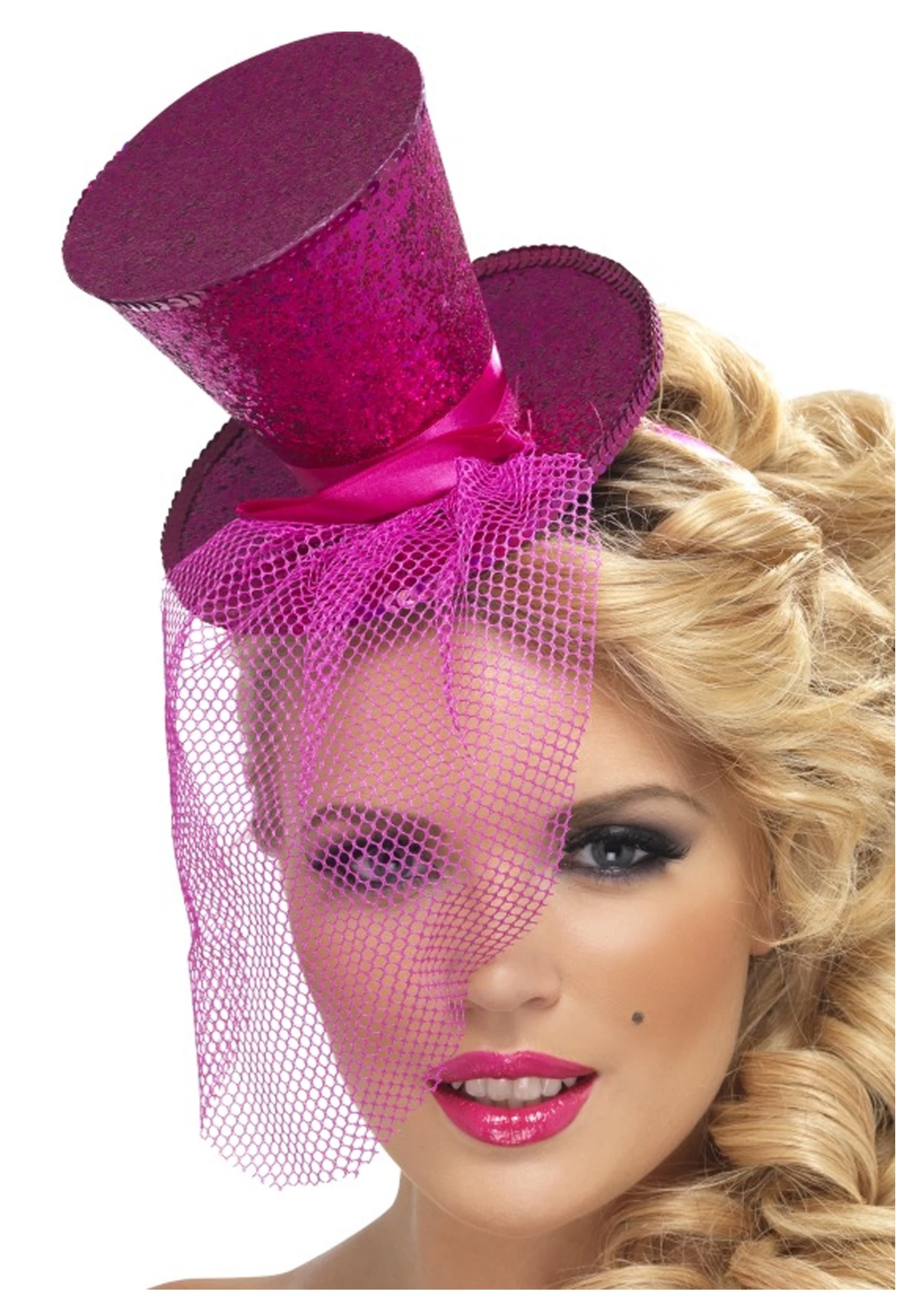 Smiffys Hot Pink Glitter Mini Top Hat 1 Smiffys Hot Pink Glitter Mini Top Hat