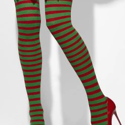 Smiffys Red & Green Striped Thigh High Christmas Stockings