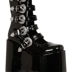 Ellie Black Platform Buckle Strap Boots For Women