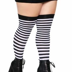 Leg Avenue Women's Plus Size Black And White Striped Thigh High Stockings -Cheap Halloween Store womens plus black and white striped thigh highs alt 2